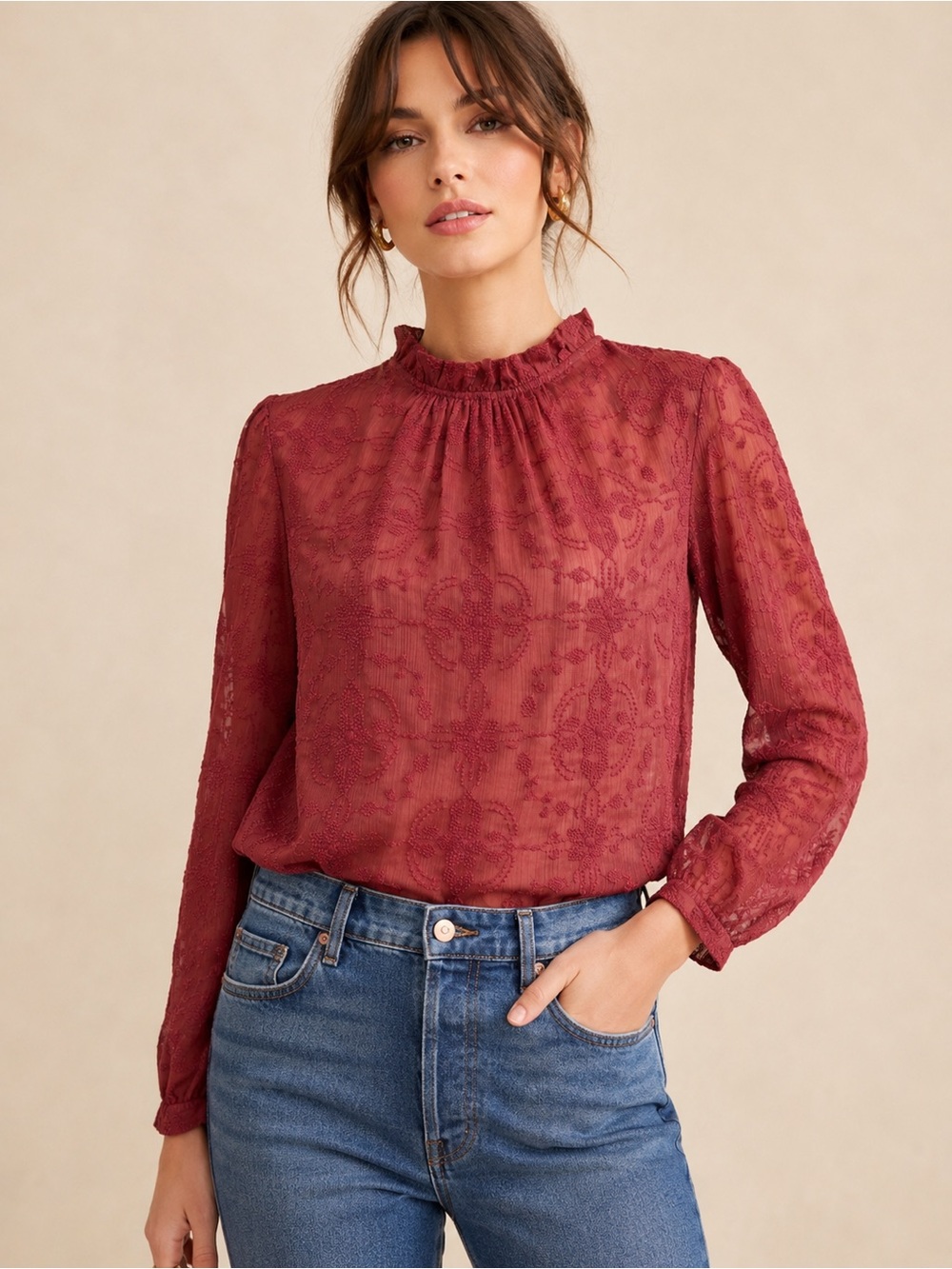 Sézane Textured Lace Mock Neck Blouse Dusty Rose Size 38 US Women’s US 6